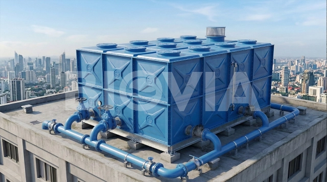 Pemasangan Roof Tank Fiber FRP pada atap gedung bertingkat untuk sistem distribusi air