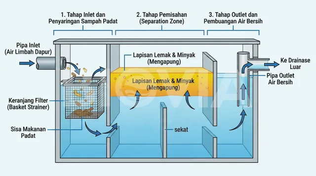 Diagram cara kerja Grease Trap Fiber dalam sistem pemisah minyak limbah dapur