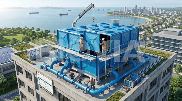 Pemasangan roof tank fiber modular pada atap gedung komersial untuk kapasitas air bersih yang optimal