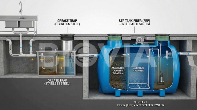 Diagram sistem IPAL yang menunjukkan integrasi Grease Trap dan STP Tank Fiber
