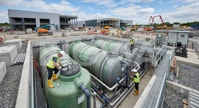 Proses pemasangan STP Tank Fiber berkualitas oleh tim profesional untuk sistem pengolahan limbah gedung.