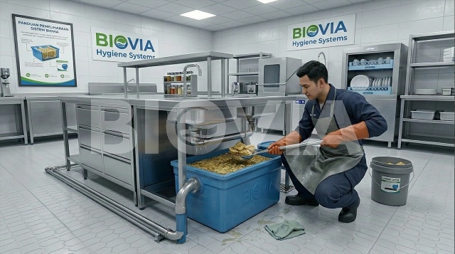 Unit grease trap fiber BIOVIA terpasang rapi di dapur profesional untuk pemisah lemak