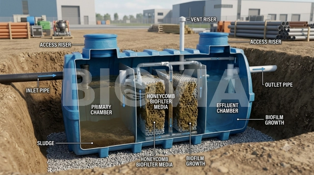 Diagram sistem biofilter pada septic tank fiber modern yang ramah lingkungan