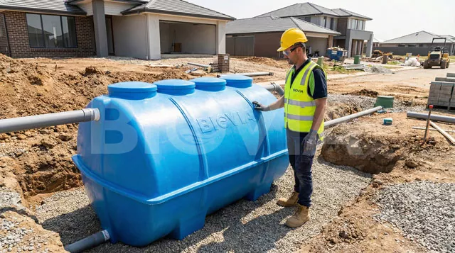Ilustrasi STP Tank Fiber yang sedang dipasang di kawasan perumahan untuk mengolah limbah domestik