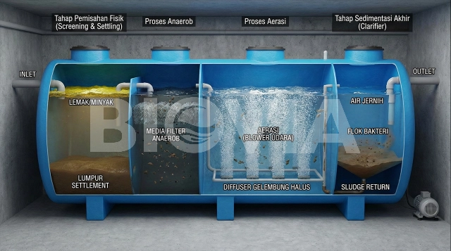Diagram proses pengolahan limbah stp biotank dari tahap inflow ke outflow